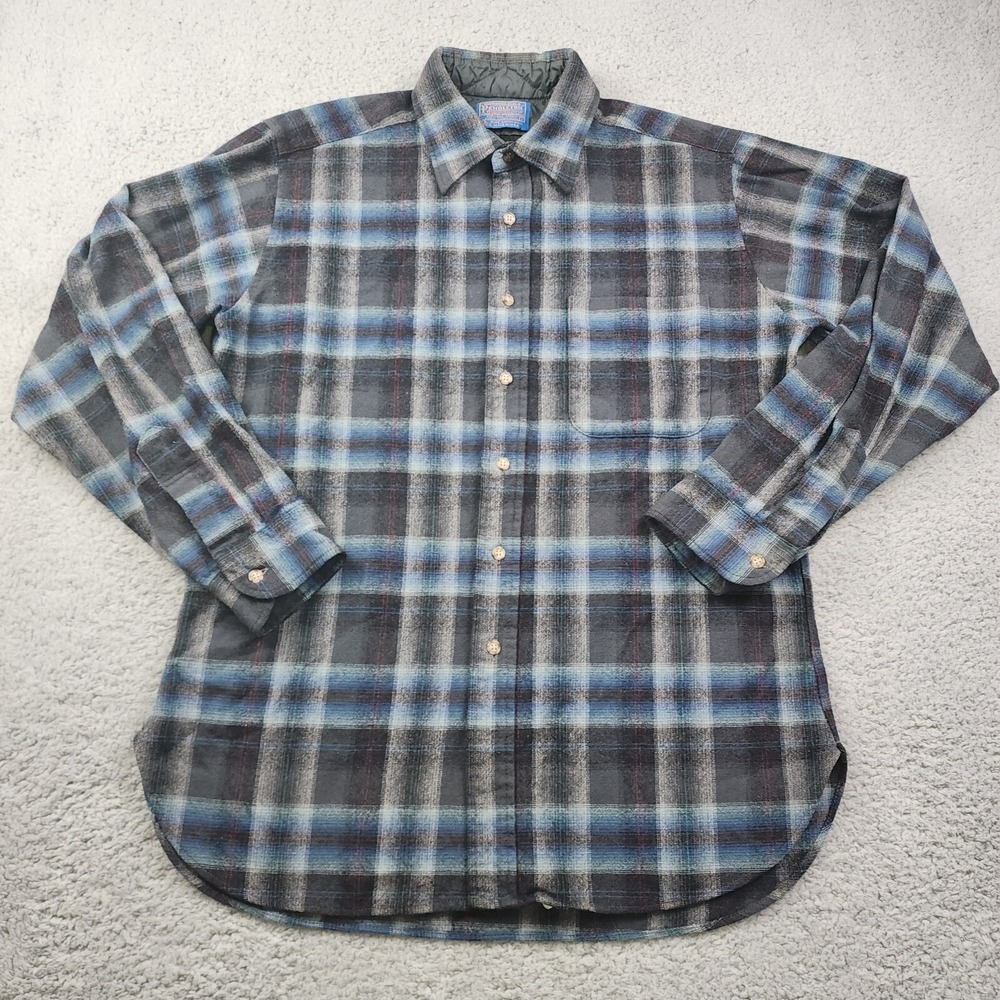 Vtg Pendleton Lodge Shirt Mens L Blue Plaid Wool Flannel Lined Collar Pocket